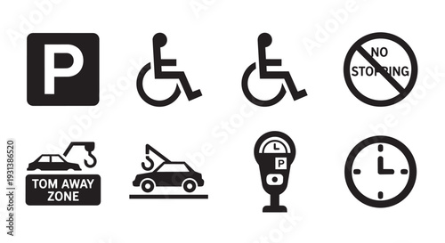 Collection of parking signs and symbols for transportation and accessibility