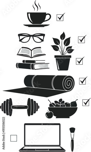 Healthy lifestyle checklist morning routine icons with coffee, books, plant, yoga mat, dumbbell, fruit, laptop and makeup on white background