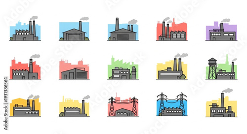 Collection of industrial factory buildings with smoke stacks.