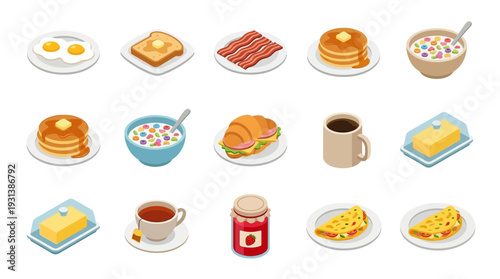 3D isometric set of icons featuring breakfast food and drink items on plates and dishes