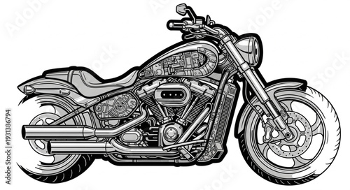 Detailed illustration of a classic American cruiser motorcycle.