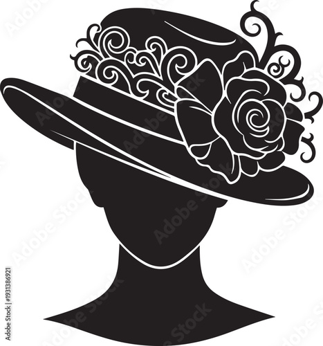 Elegant woman silhouette wearing classic vintage hat with flower and floral line art vector