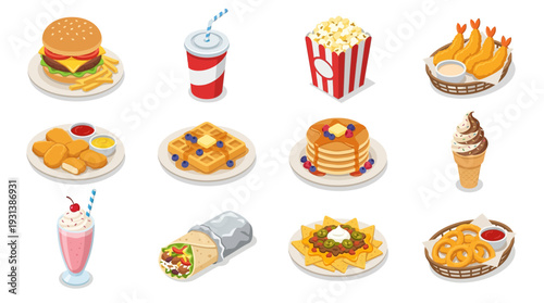 Isometric 3D icon set of various food items on plates and in containers.