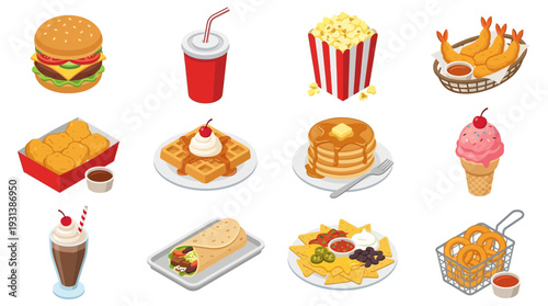 Isometric 3D icon set of various food items on plates and in containers.
