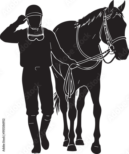 Equestrian trainer leading horse silhouette walking with harness line art vector illustration