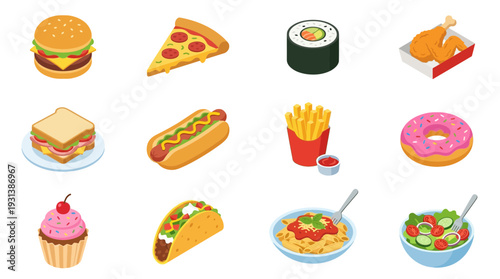 Isometric 3D icon set of various food items on a white background