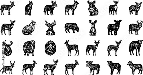 Vintage Engraving Style Animal Illustrations Set. Diverse Collection of Hand-Drawn Mammals: Deer, Wild Boar, Sheep, Goats, Birds in Black and White