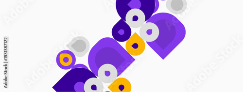 Abstract geometric shapes, purple, gold, gray. Overlapping circles create dynamic composition. Minimalist design, modern aesthetic.