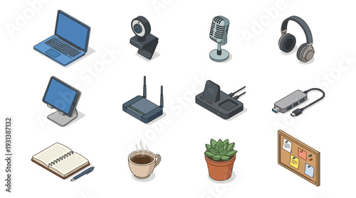 Isometric 3D icon set features office equipment and tech devices on a desk.