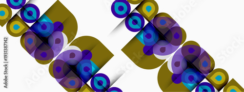 Abstract geometric pattern. Circles, squares overlap creating colorful design. Modern, minimalist aesthetic. Bright hues contrast white background.