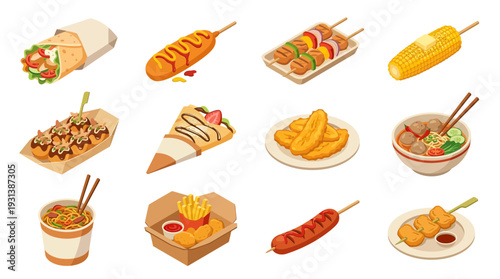 Isometric 3D icon set of various fast food items on plates and in containers.
