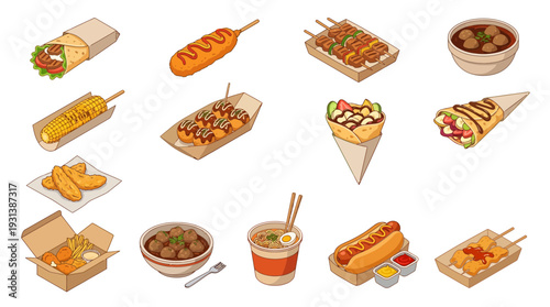 Isometric 3D set of icons featuring various food items on plates and in boxes.