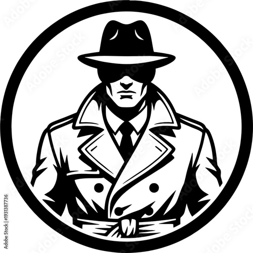 Mysterious Noir Detective Silhouette in Fedora Trench Coat Tie Circular Black Emblem, Private Investigator Logo Vector Icon