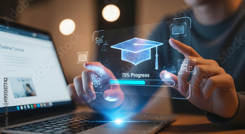 Online learning with a laptop, showcasing educational progress with a virtual graduation cap