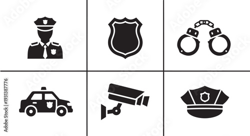 Police icons set including officer, badge, handcuffs, car, camera, and cap