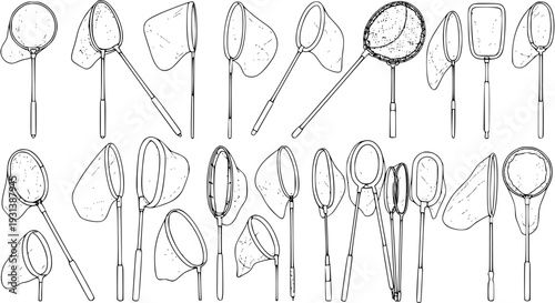 Butterfly Net Collection: Line Art Vector Set with Various Net Shapes and Handle Designs, Ideal for Illustration or Coloring Book Pages.