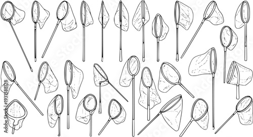 Hand-drawn seamless pattern of various fishing, butterfly, and insect nets. Black and white sketch background for outdoor, hobby, and collection activities.