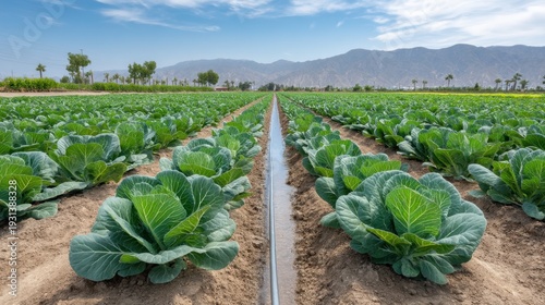 Thriving Vegetable Field with Irrigation System Under a Clear Sky in a Picturesque Landscape