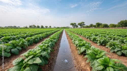 Expansive View of Thriving Vegetable Field Equipped with Advanced Irrigation System Under Clear Blue Sky