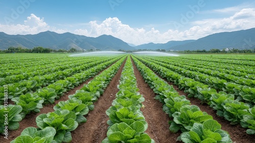 Expansive View of a Thriving Vegetable Field Utilizing Advanced Irrigation Systems Under Blue Skies