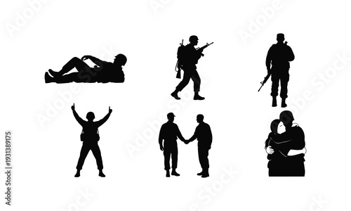 Military soldier silhouette vector illustration set depicting army life and brotherhood art