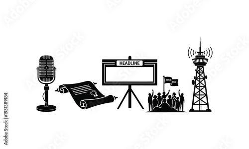News media vector silhouette icons showing broadcasting equipment and global headline press