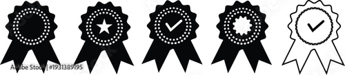 Black and white award ribbon icons featuring checkmarks and stars symbolizing verified quality and achievement.