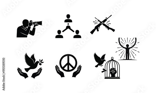 Set of human rights, peace, and war issues vector silhouette illustration