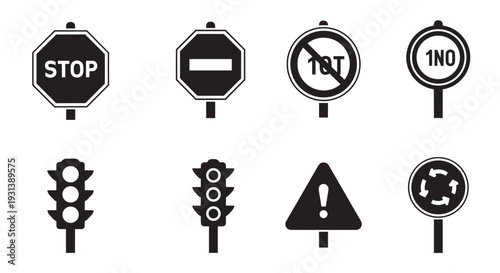 Collection of modern traffic and road signs for navigation and safety