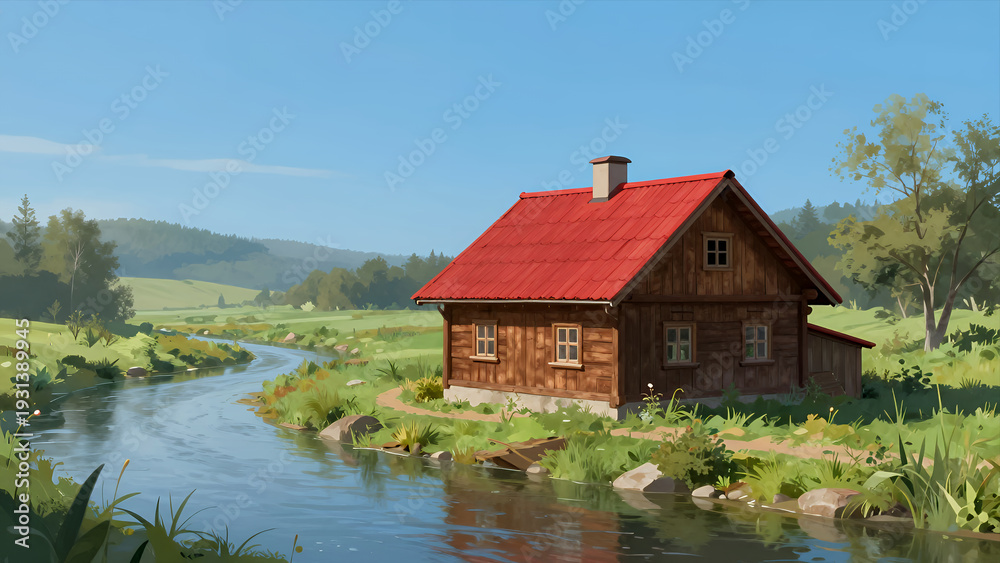 Obraz premium Cozy Wooden Cabin with Red Roof Nestled Beside a Winding River in Lush Green Countryside under Clear Blue Sky, Digital Illustration for Travel or Nature Themed Projects