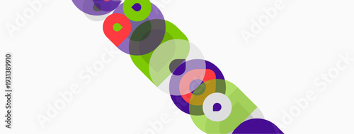Abstract colorful circles overlap diagonally. Bright hues create dynamic visual pattern. Simple shapes suggest movement, energy.