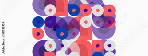 Abstract circles overlap, creating vibrant patterns. Purple, pink, blue hues dominate composition. Minimalist design, modern aesthetic.
