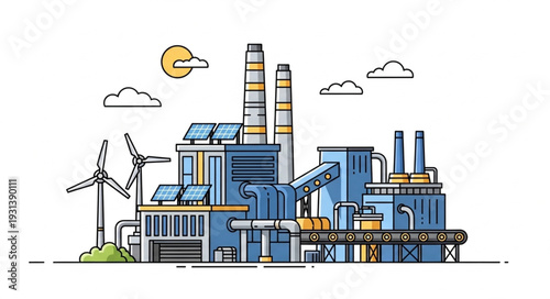 Industrial Factory with Wind Turbines.