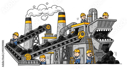 Industrial Factory with Workers and Machinery.