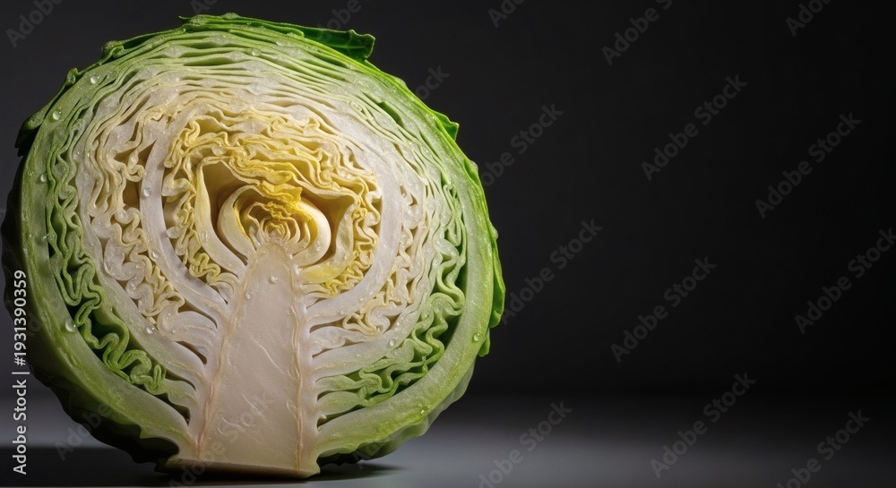 Obraz premium Fresh green cabbage half cut close-up showing inner layers and texture on dark background perfect for Brussels Sprouts & Cabbage Month