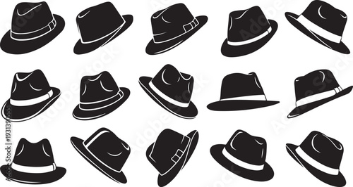 Collection of various black hats on white background illustration
