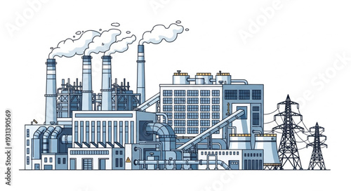 Industrial Factory with Smokestacks and Towers.