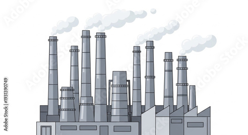 Industrial Factory with Smokestacks Emitting Smoke.