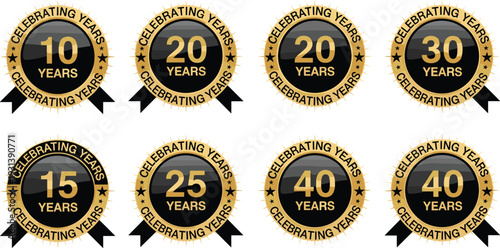 Anniversary Badge Set Celebrating Years Gold Award Labels 10 15 20 30 40 Years Vector Collection