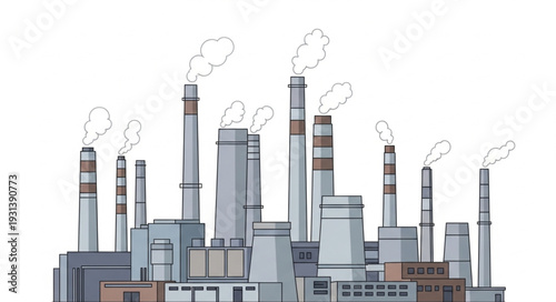 Industrial Factory with Smokestacks Emitting Smoke.