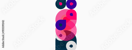 Abstract composition featuring overlapping circles. Pink, purple hues dominate white background. Minimalist design, modern aesthetic.