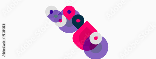 Abstract composition featuring overlapping circles, vibrant pinks, purples, white space. Modern design, simple shapes, dynamic arrangement.