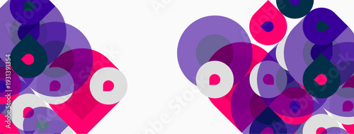 Abstract composition features overlapping circles, vibrant pinks, purples, white background. Modern design, playful geometry, dynamic visual.