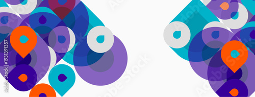 Abstract design features overlapping circles, vibrant hues. Composition includes orange accents, white space, symmetrical elements. Modern, playful aesthetic.