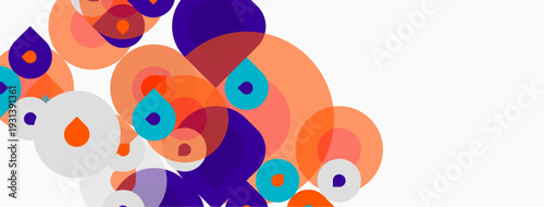 Abstract circles overlap, creating vibrant color patterns. Orange, purple, turquoise hues dominate composition. Minimalist design, modern aesthetic.