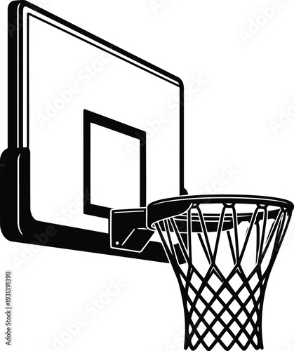 Black and white line art illustration of a basketball hoop with a backboard and net.