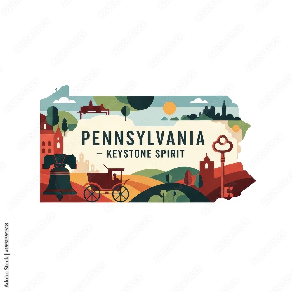 Obraz premium Refined modern illustration of Pennsylvania with historic brick tones and river lines, muted palette, lettering “Pennsylvania — Keystone Spirit”