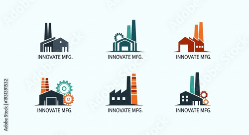 Collection of Industrial Factory Icons with Smokestacks.