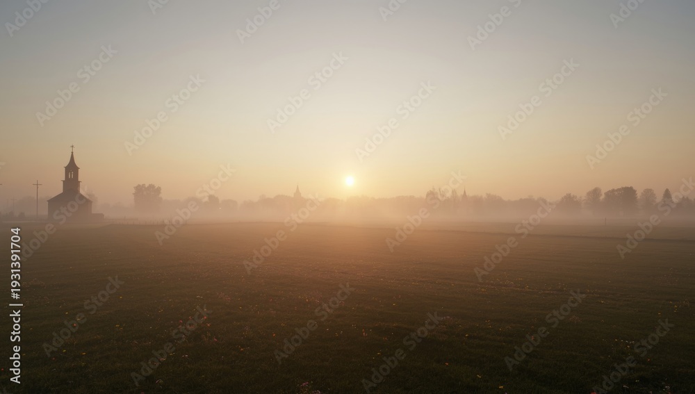 Fototapeta premium AI Generated Easter Sunrise Over Misty Spring Meadow 