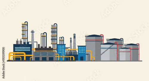 Modern Industrial Factory Complex with Storage Tanks and Pipelines.